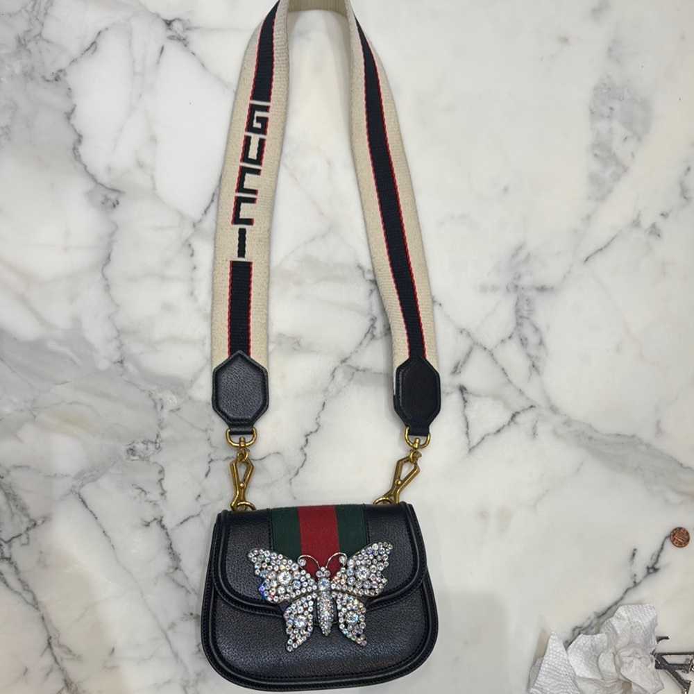 Gucci Black Leather Bag with Crystal Butterfly
